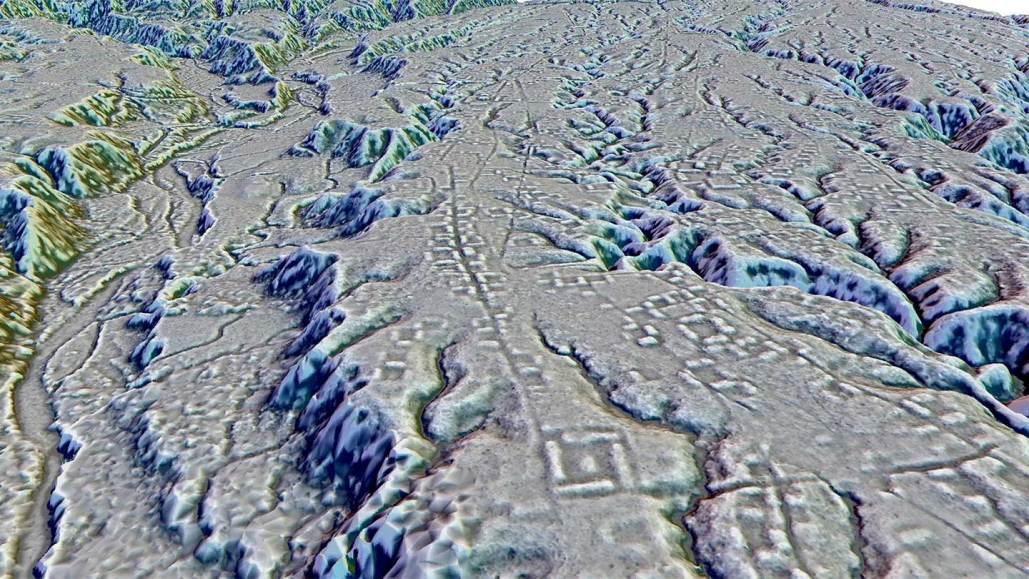 A laser scan of mountainous terrain in Ecuador shows square imprints of old structures and lines that were once streets