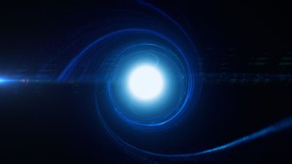 A blue spiral that coalesces into a white ball of light against a black background