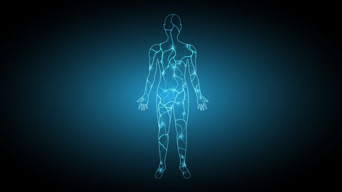 An illustration of a body created with light blue lines to simulate electricity.