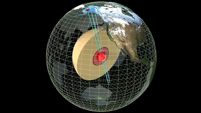 An illustration of Earth's center with lines running through it from on overlay map of North America.