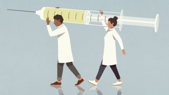 An illustration of two doctors carrying a giant syringe on their shoulders.