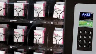 An image of a vending machine stocked with the opioid overdose-reversal drug naloxone