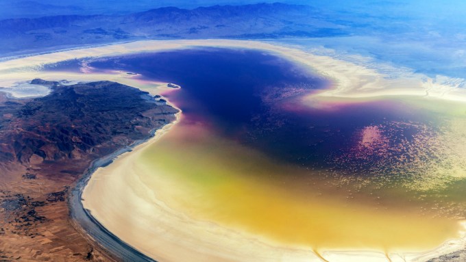 A photo from high up of Lake Urmia in Iran.