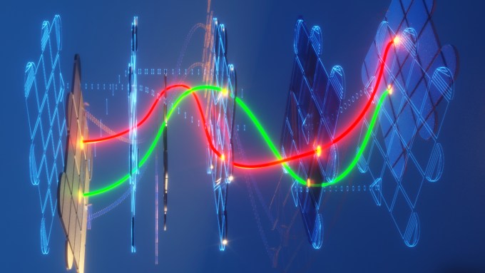 illustration of red and green squiggle lines passing through several grids