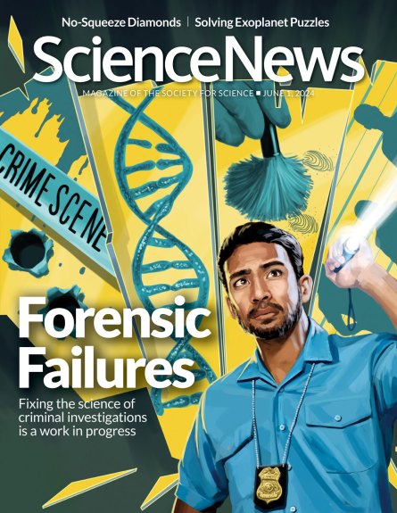 Cover of magazine featuring an illustration of crime scene tape, DNA, finger prints and a cop holding a flashlight. Accompanying the cover art is the headline "Forensic Failures"