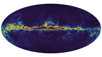 Oval-shaped dark blue map of the Milky Way with color patterns representing concentrations of galaxy mergers, supernovas and newborn stars.