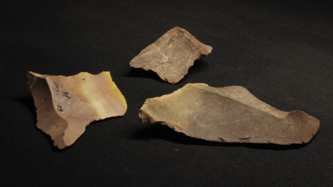 A photo of three ancient stone artifacts from the island of Palawan in the Philippines on a black background.