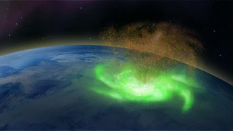 illustration of a green cyclone-shaped aurora near Earth's north magnetic pole