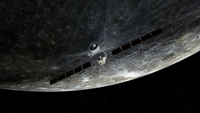 An illustration of the BepiColombo probe with Mercury in the background.