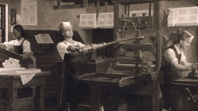 An illustration of young Benjamin Franklin at the printing press.