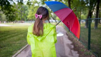 A girl in a raincoat holding an umbrella