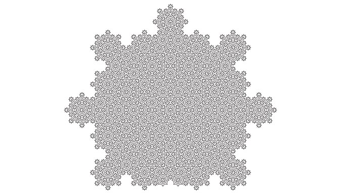 A snowflake-shaped collecting of winding and looping black lines on a white background, resembling a dense maze