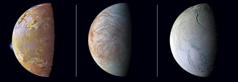 images of Io, Europa and Enceladus