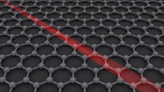 This illustration of a sheet of graphene shows a grid of connected atoms with a red streak going diagonally across it.