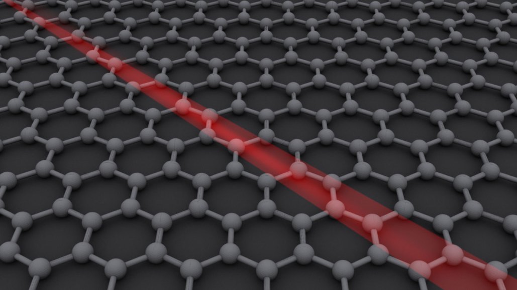 This illustration of a sheet of graphene shows a grid of connected atoms with a red streak going diagonally across it.