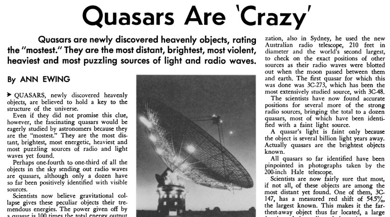 image of a magazine page with the headline "Quasars are 'Crazy'"