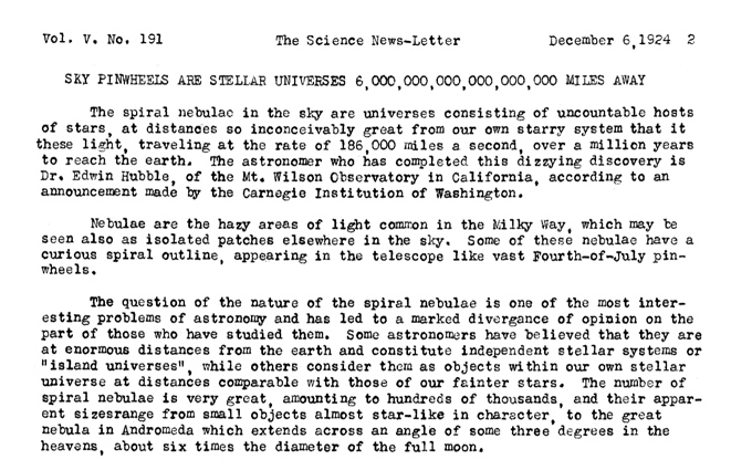 screen grab of 1924 article in Science News letter