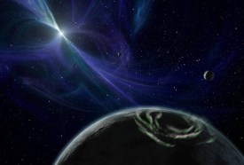 illustration of two rocky bodies orbiting a pulsar