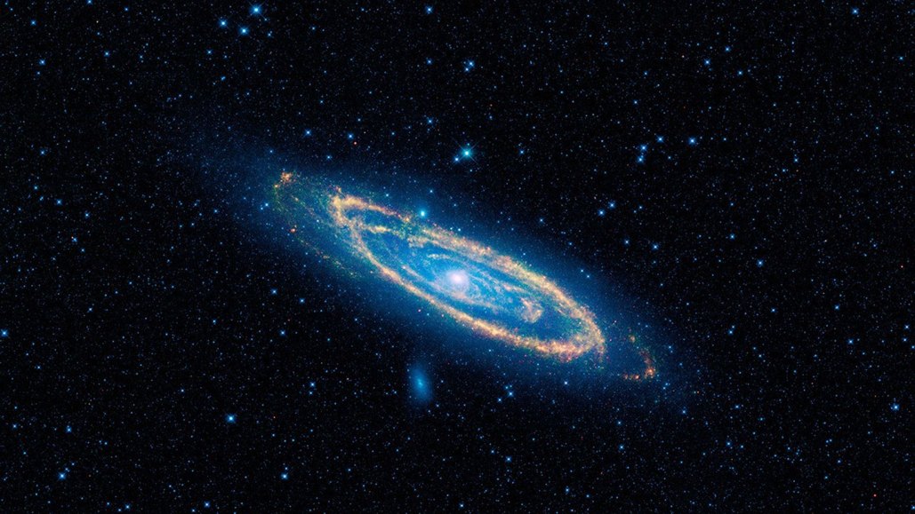 A galaxy in blue and orange colors