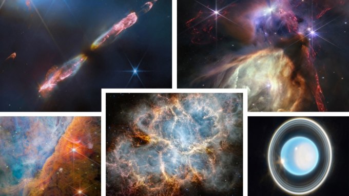 A collage of five pictures from the James Webb telescope showing the HH 211 protostellar outflows, the Rho Ophiuchi star forming cloud, the planet Uranus, the Crab Nebula and a part of the Orion Nebula.