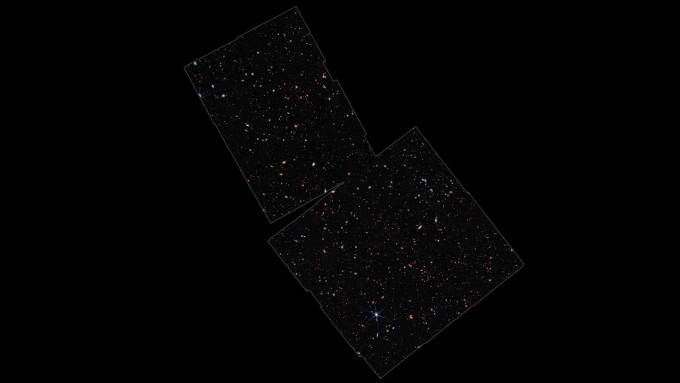 Regions of sky, shown as rectangles, observed by JWST, against a black backdrop