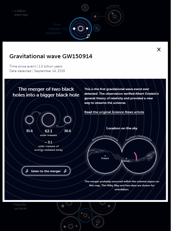 a screenshot of a pop-up describing a gravitational wave event